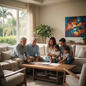 multi-generational California family sitting together in a bright, modern living room